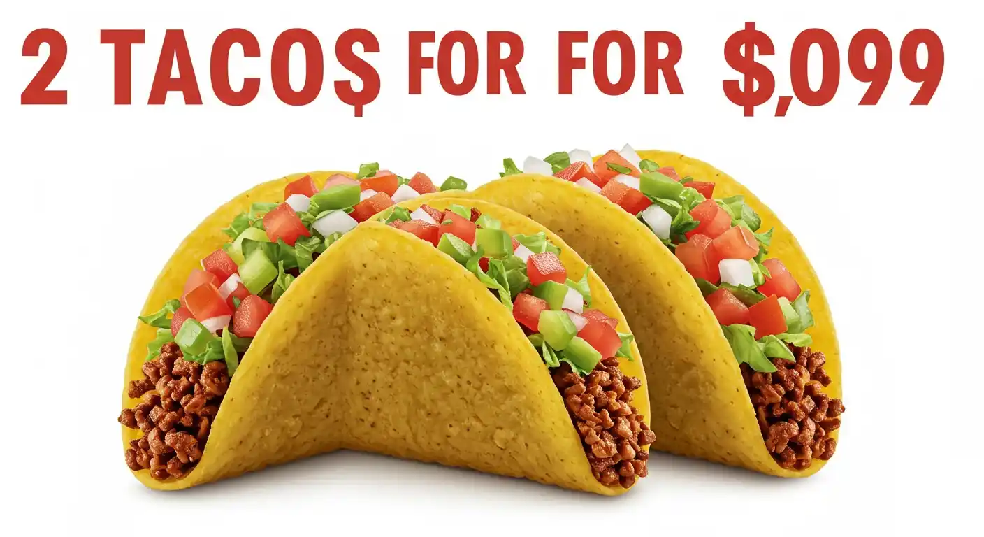 Two crispy tacos filled with seasoned meat, fresh lettuce, and melted cheese for only $0.99